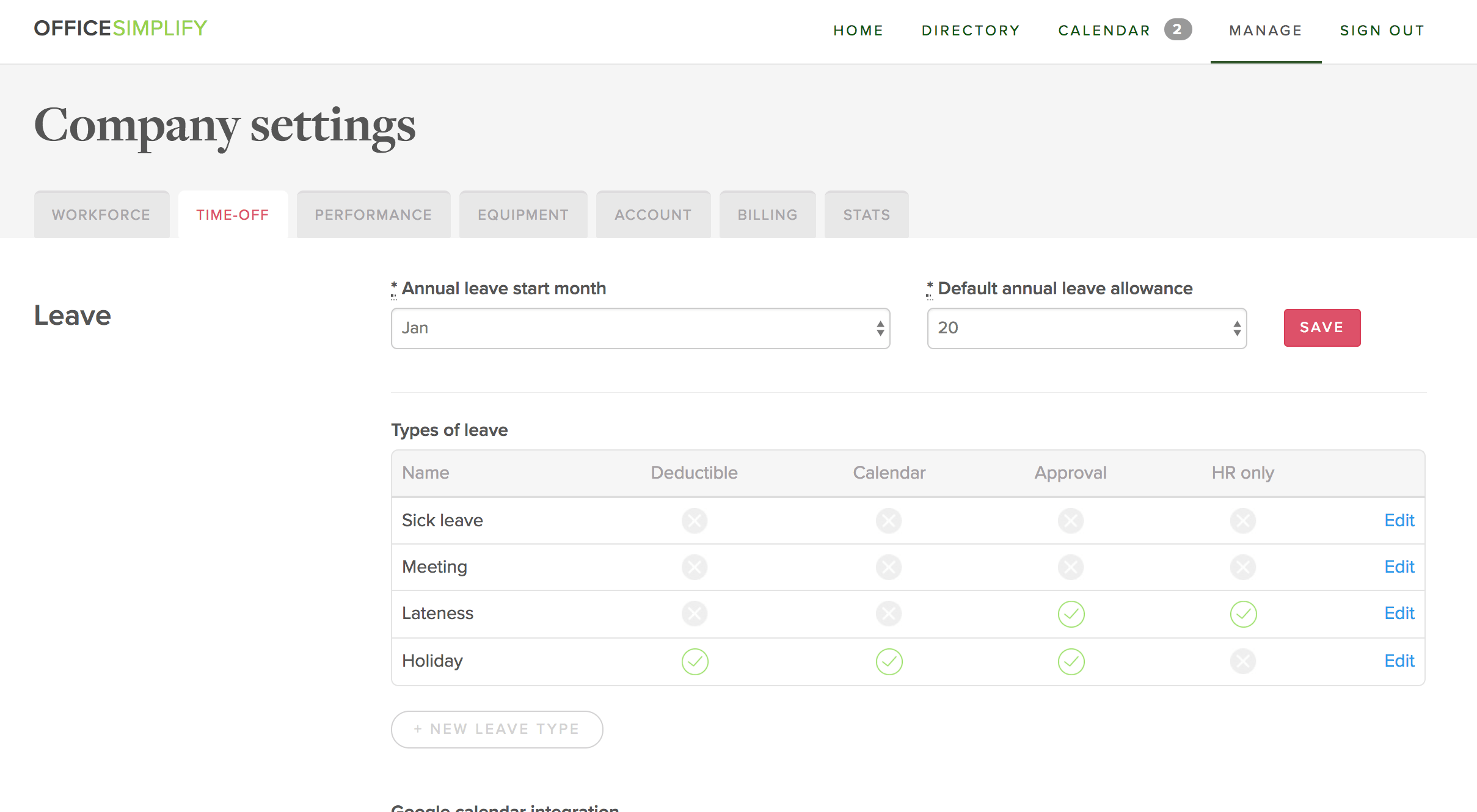 Leave types screenshot